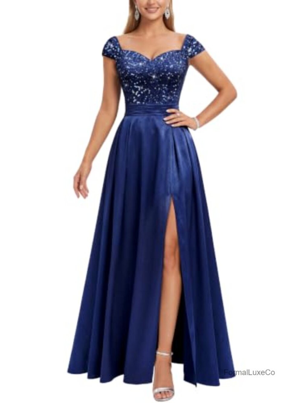 V-Neck Cap Sleeve Sequin Satin Split Bridesmaid Maxi Gown